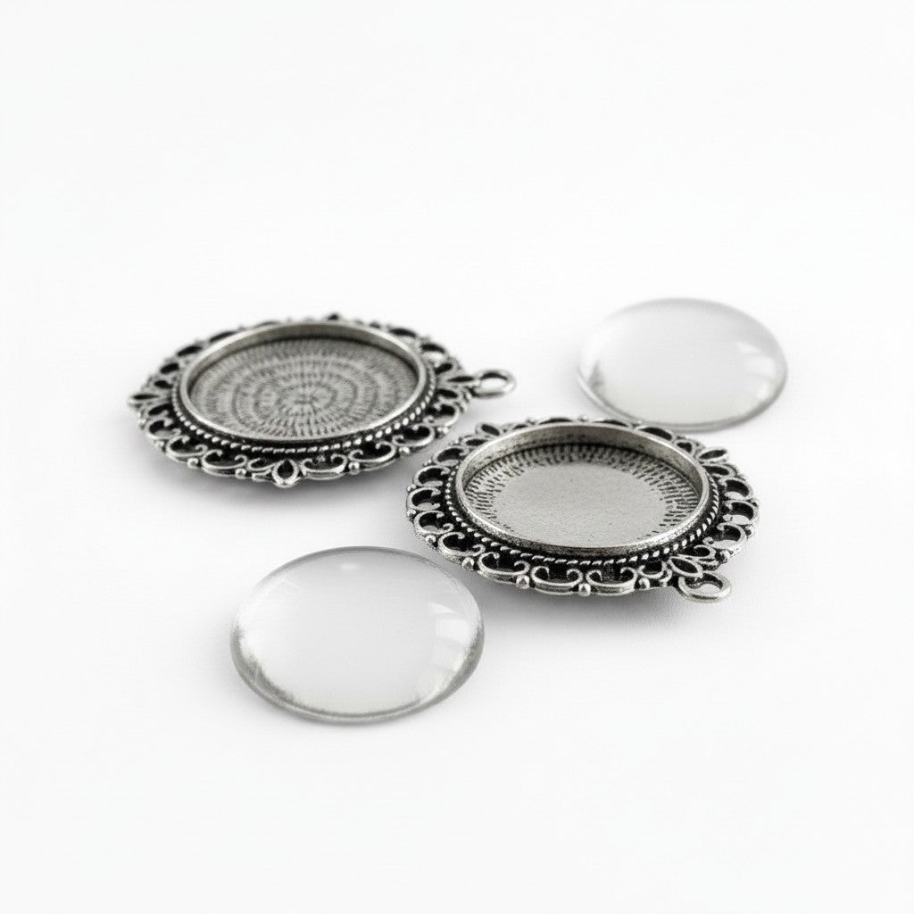 Antique Silver Setting With Clear Glass Cabochon - Pack of 2 Sets