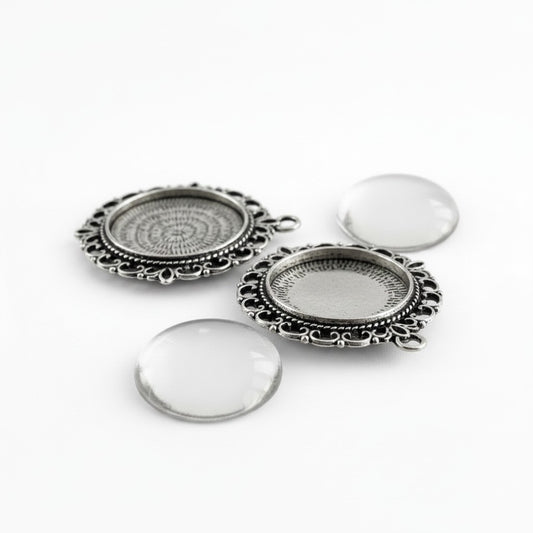 Antique Silver Setting With Clear Glass Cabochon - Pack of 2 Sets