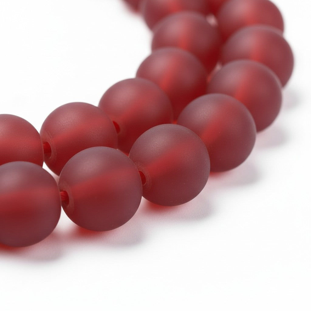 Strand of Frosted Tomato Red Round Glass Beads - 8mm