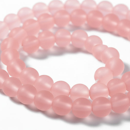 Strand of Frosted Salmon Pink Round Glass Beads - 8mm