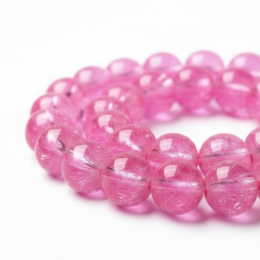 Strand of Crackle Hot Pink Glass Beads - 8mm
